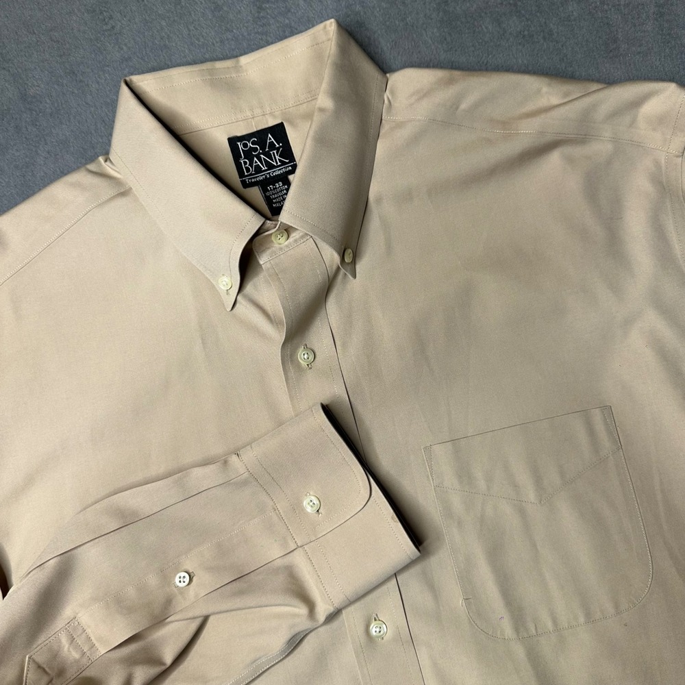 Jos. A. Bank Dress Shirt Mens 17-33 Tan Traveler Collection Cotton Button Down